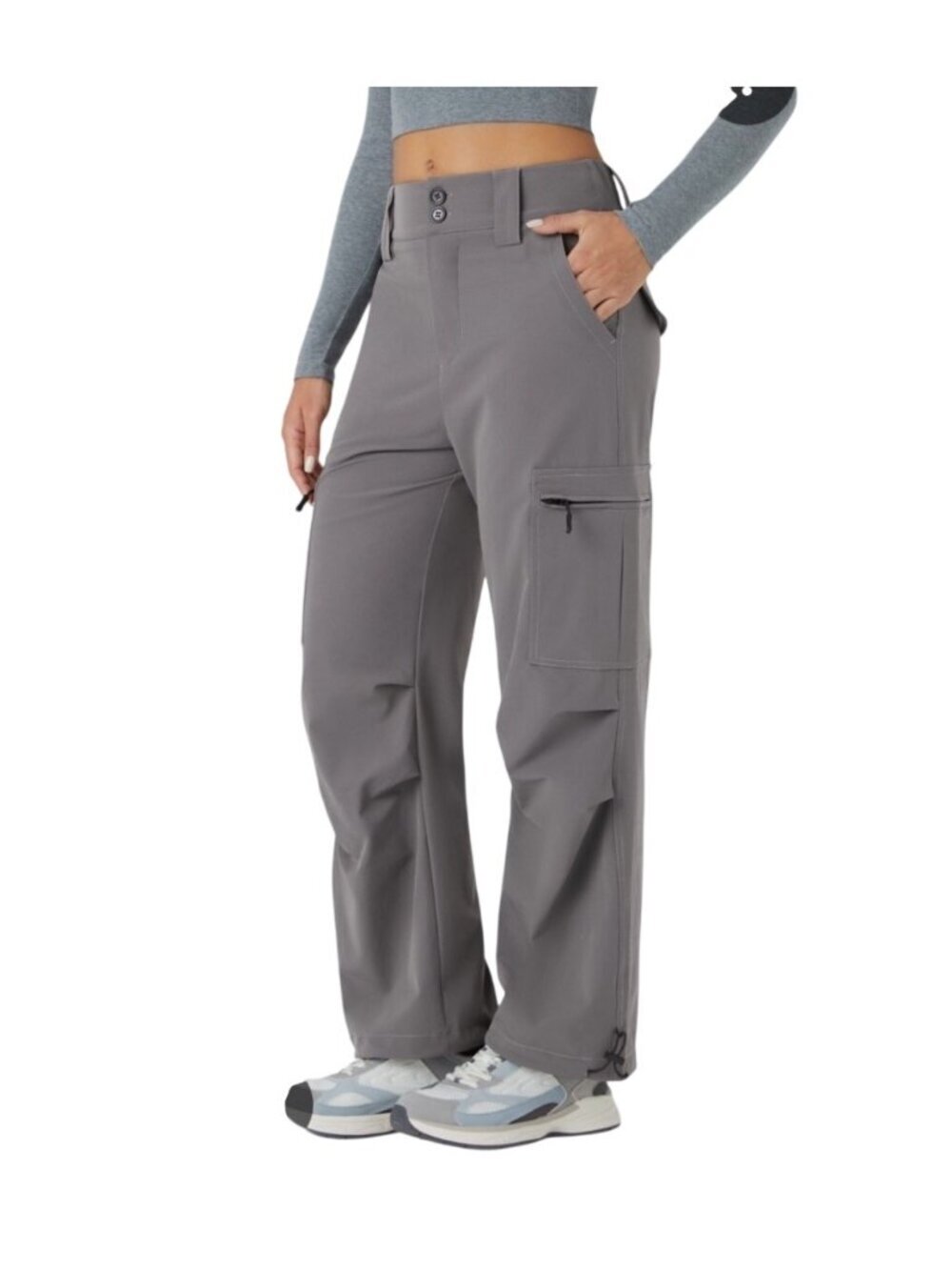Halara Mid Rise Cargo Pants Pockets Adjustable Drawstring Storm Front Gray L